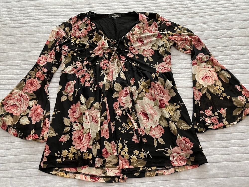 Suzanne Betro Black Pink Floral Peasant Blouse Size Large Boho Ruffle V-Neck D5